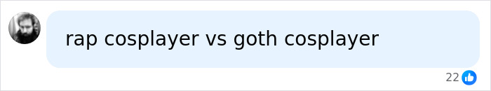 A chat bubble with text: rap cosplayer vs goth cosplayer, showing fans discussing goth baddie content. A chat bubble with text: rap cosplayer vs goth cosplayer, showing fans discussing goth baddie content.