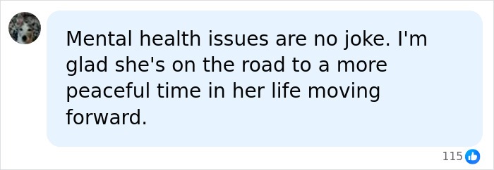 A social media comment discussing mental health issues and hoping Kelley Wolf finds peace after her life-changing diagnosis and apology. A social media comment discussing mental health issues and hoping Kelley Wolf finds peace after her life-changing diagnosis and apology.