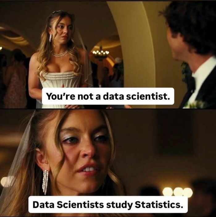 A statistics meme shows a woman as a bride telling a man, You're not a data scientist. Data Scientists study Statistics.