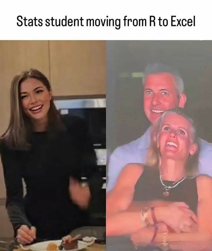 A stats student moving from R to Excel, showing a woman smiling happily on the left and a shocked couple on the right, ideal for stats class memes.