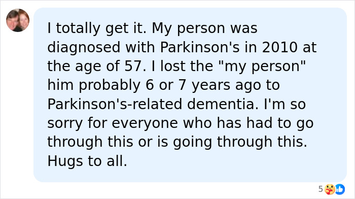 A social media comment from a user whose partner was diagnosed with Parkinson's and passed, showing empathy to Sandra Bullock. A social media comment from a user whose partner was diagnosed with Parkinson's and passed, showing empathy to Sandra Bullock.