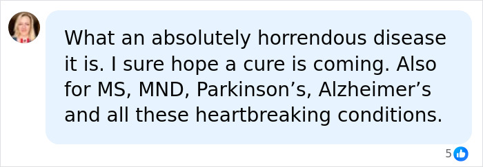 A social media comment discussing the horror of diseases like MS, MND, Parkinson's, and Alzheimer's, hoping for a cure for Sandra Bullock. A social media comment discussing the horror of diseases like MS, MND, Parkinson's, and Alzheimer's, hoping for a cure for Sandra Bullock.