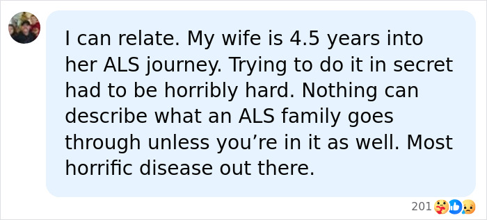 Screenshot of a comment from a fan relating to Sandra Bullock's partner's passing after his ALS journey. Screenshot of a comment from a fan relating to Sandra Bullock's partner's passing after his ALS journey.