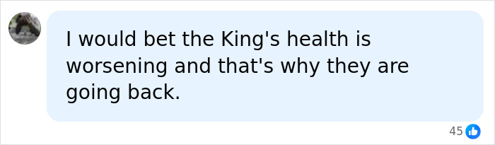 A comment on Prince Harry and Meghan Markle's move back to UK, theorizing King's health is worsening. A comment on Prince Harry and Meghan Markle's move back to UK, theorizing King's health is worsening.