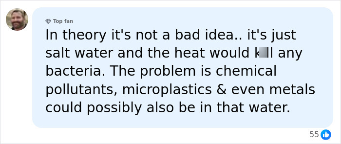 A Netizen comment about the background details of Brooklyn Beckham's cooking video, mentioning pollutants in seawater.