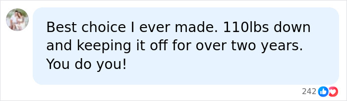 A social media comment from a user celebrating their 110-pound weight loss, possibly using GLP-1 Meds.