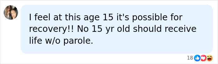 A social media comment discussing the 15-year-old boy in prison, suggesting recovery is possible. A social media comment discussing the 15-year-old boy in prison, suggesting recovery is possible.