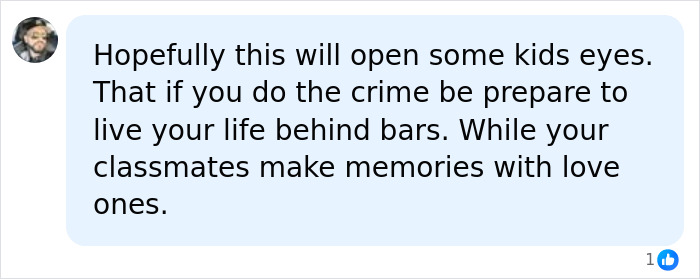A social media comment discusses the consequences of crime, relating to a 15-year-old boy facing 100 years in prison. A social media comment discusses the consequences of crime, relating to a 15-year-old boy facing 100 years in prison.