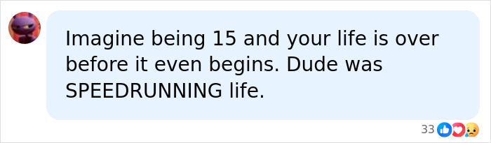 A social media comment about a 15-year-old boy receiving 100 years in prison. A social media comment about a 15-year-old boy receiving 100 years in prison.
