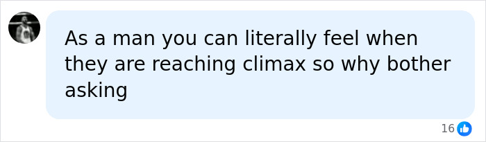 Screenshot of a social media comment about men asking questions in bed. Screenshot of a social media comment about men asking questions in bed.