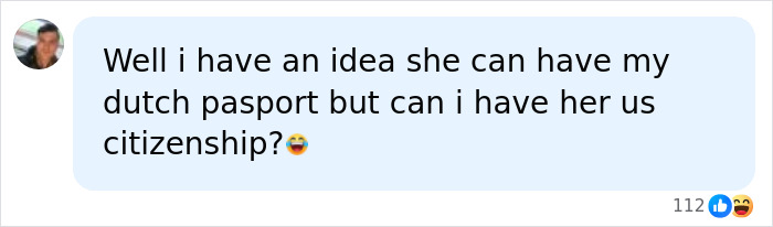A social media comment about a Trans American fleeing US, offering a Dutch passport for US citizenship. A social media comment about a Trans American fleeing US, offering a Dutch passport for US citizenship.