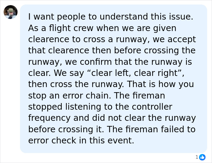 Screenshot of a comment detailing flight crew procedures for runway crossing to prevent an AirCanada crash and discussing a fireman's error. Screenshot of a comment detailing flight crew procedures for runway crossing to prevent an AirCanada crash and discussing a fireman's error.