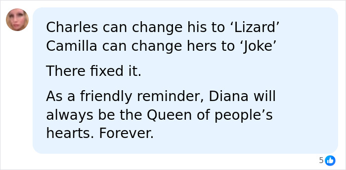 A social media comment box with a profile picture of a woman, stating, Charles can change his to Lizard Camilla can change hers to Joke There fixed it. As a friendly reminder, Diana will always be the Queen of people's hearts. Forever, referring to King Charles, Queen Camilla, and Kate Middleton.