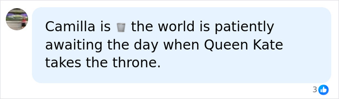 A social media comment box with a profile picture, stating, Camilla is trash the world is patiently awaiting the day when Queen Kate takes the throne, referring to King Charles, Queen Camilla, and Kate Middleton.