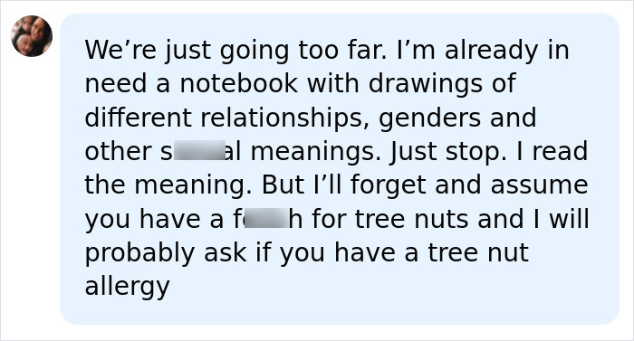 A social media comment expressing confusion over identity language, mentioning Almondsexual and tree nuts.