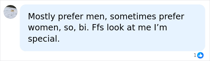A social media comment discussing identity, stating 'Mostly prefer men, sometimes prefer women, so, bi.'