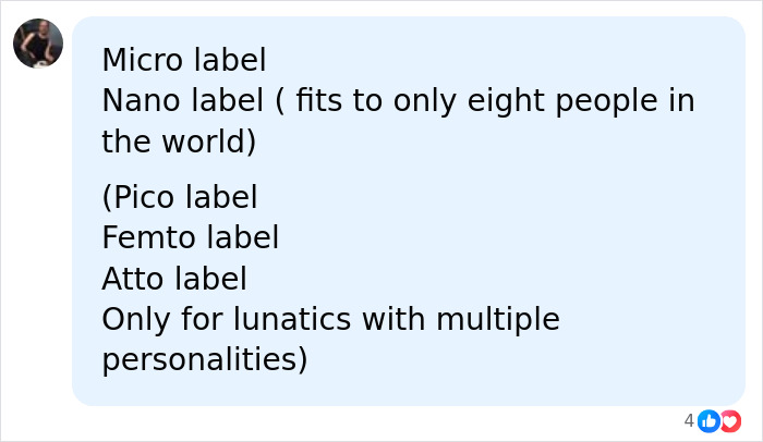 A social media comment listing micro, nano, pico, femto, atto labels, and lunatics with multiple personalities. Evolving identity language includes almondsexual.