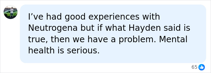 A social media comment expressing concern about Neutrogena after Hayden Panettiere's claims and the boycott demand.