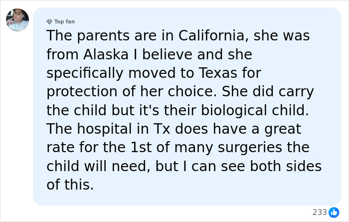 A social media comment explaining a surrogate's move to Texas for protection of her pregnancy choice. A social media comment explaining a surrogate's move to Texas for protection of her pregnancy choice.