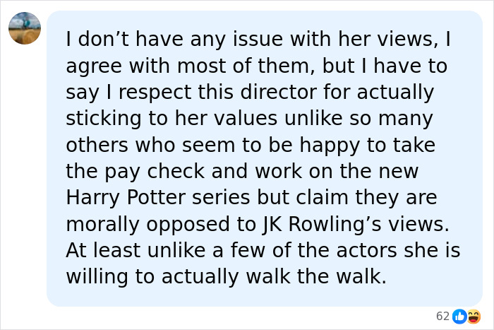 A social media comment discussing the Harry Potter series and a director's stance on J.K. Rowling.