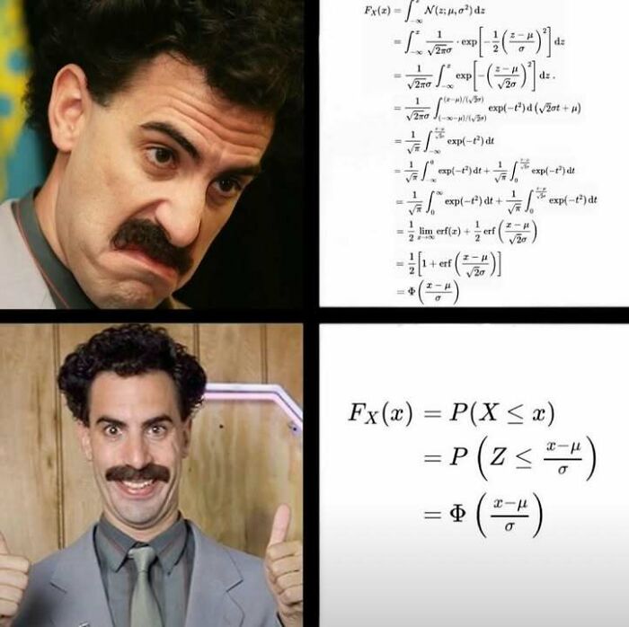 A split-panel statistics meme featuring Borat with two different expressions next to complex and simplified statistical equations, demonstrating a preference for the simpler formula.