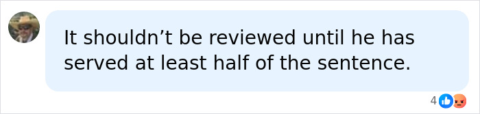 A social media comment suggests a sentence should not be reviewed until half served, related to a 15-year-old boy in prison. A social media comment suggests a sentence should not be reviewed until half served, related to a 15-year-old boy in prison.