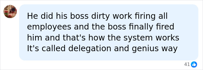 A comment about the CEO being fired after doing his boss's dirty work, calling it delegation.
