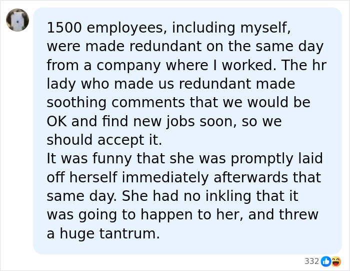 A screenshot showing a former employee commenting on a CEO who fired 900 workers.