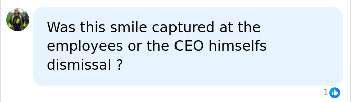 A comment questioning if the smile was from the CEO's dismissal or the employees he fired.