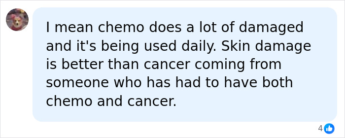 A social media user explains that chemo causes skin damage, but it is preferred to cancer, discussing cancer med side effects. A social media user explains that chemo causes skin damage, but it is preferred to cancer, discussing cancer med side effects.
