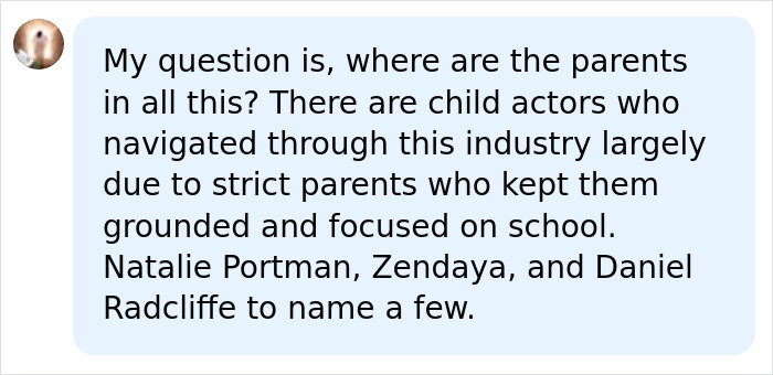 A social media comment on child stardom, questioning parental roles and highlighting child actors with strict parents. A social media comment on child stardom, questioning parental roles and highlighting child actors with strict parents.