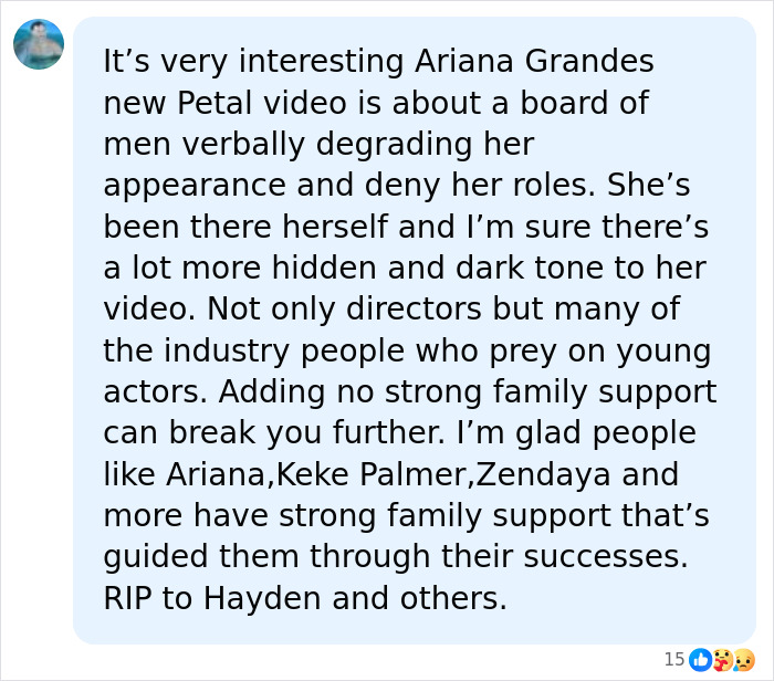 A comment discussing the predatory nature in Hollywood on young actors, touching on child stardom. A comment discussing the predatory nature in Hollywood on young actors, touching on child stardom.