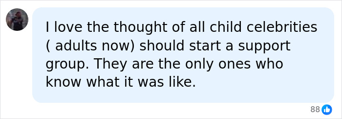A comment suggesting a support group for former child celebrities to address child stardom challenges. A comment suggesting a support group for former child celebrities to address child stardom challenges.