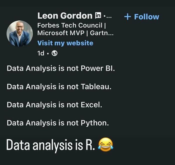 A social media post stating 'Data analysis is R' with a laughing emoji, a relatable stats meme.