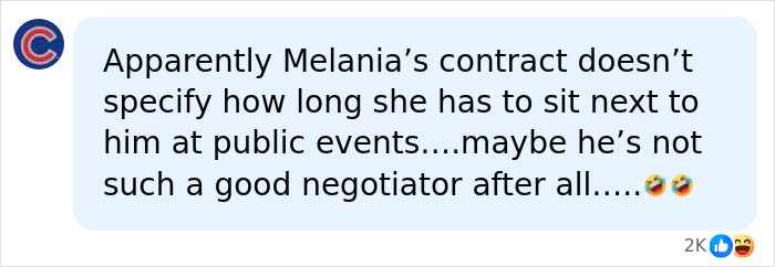 A social media post with the main SEO keyword 'Lip Reader Decodes Heated Exchange' showing a comment saying Apparently Melania's contract doesn't specify how long she has to sit next to him at public events....maybe he's not such a good negotiator after all....... A social media post with the main SEO keyword 'Lip Reader Decodes Heated Exchange' showing a comment saying Apparently Melania's contract doesn't specify how long she has to sit next to him at public events....maybe he's not such a good negotiator after all.......