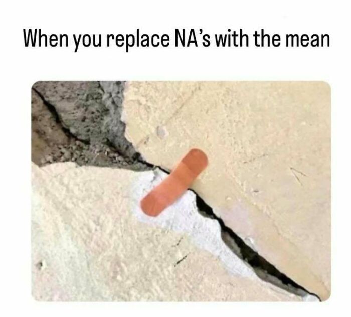 A band-aid on a cracked wall, representing replacing NA's with the mean, a stats class meme.