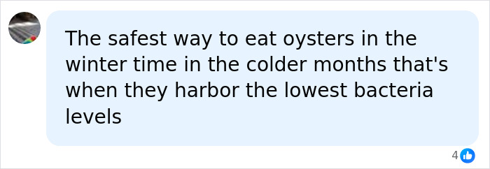 A social media comment advising to eat raw oysters in winter for lowest bacteria, relevant to marine vet brain damage. A social media comment advising to eat raw oysters in winter for lowest bacteria, relevant to marine vet brain damage.