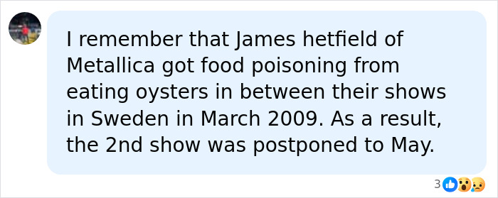 A social media comment discussing food poisoning from eating raw oysters, relevant to a marine vet getting brain damage. A social media comment discussing food poisoning from eating raw oysters, relevant to a marine vet getting brain damage.
