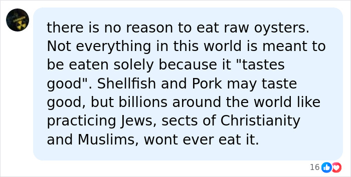 A social media comment discussing why not to eat raw oysters, connecting it to a marine vet and brain damage. A social media comment discussing why not to eat raw oysters, connecting it to a marine vet and brain damage.