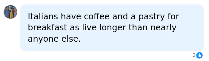 A social media comment discussing Italians' breakfast habit of coffee and pastry, linking it to a common breakfast habit and mortality risk. A social media comment discussing Italians' breakfast habit of coffee and pastry, linking it to a common breakfast habit and mortality risk.