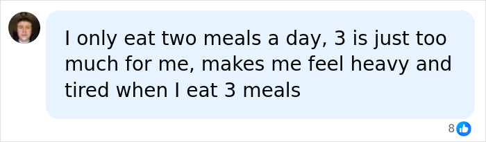 A social media comment about eating two meals a day, relating to a study on a common breakfast habit and mortality risk. A social media comment about eating two meals a day, relating to a study on a common breakfast habit and mortality risk.