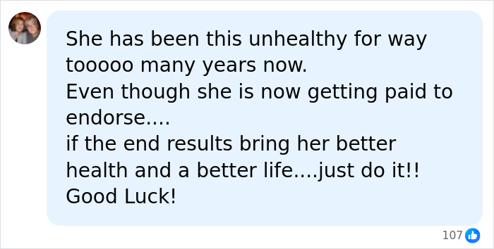 A user supports Chrissy Metz taking GLP-1 meds for health, despite endorsement concerns.