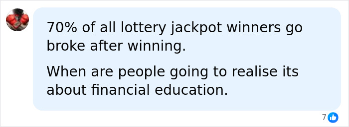 A social media comment discusses how lottery winners often go broke after winning, highlighting financial education. A social media comment discusses how lottery winners often go broke after winning, highlighting financial education.