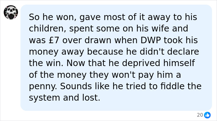 A social media comment about a lottery winner giving away money and losing benefits due to undeclared winnings. A social media comment about a lottery winner giving away money and losing benefits due to undeclared winnings.