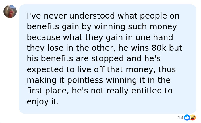 A social media comment discussing the challenges a lottery winner faces after blowing their £80,000 winnings. A social media comment discussing the challenges a lottery winner faces after blowing their £80,000 winnings.