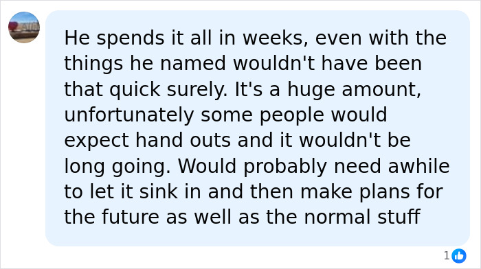A comment on a lottery winner blowing £80,000, discussing how quickly the money was spent on holidays and family gifts. A comment on a lottery winner blowing £80,000, discussing how quickly the money was spent on holidays and family gifts.
