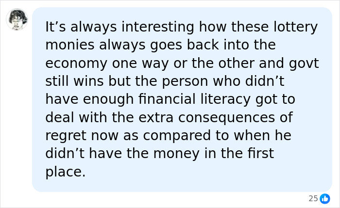 A social media comment on a lottery winner's financial literacy and the economic impact of their spending. A social media comment on a lottery winner's financial literacy and the economic impact of their spending.