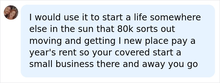 A social media comment suggests using lottery winnings to start a new life, move, and cover rent. A social media comment suggests using lottery winnings to start a new life, move, and cover rent.