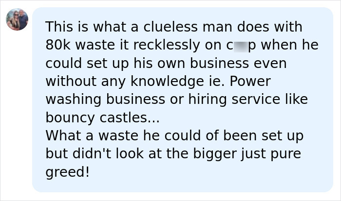 A comment on a lottery winner blowing £80,000, criticizing the reckless spending and missed business opportunities. A comment on a lottery winner blowing £80,000, criticizing the reckless spending and missed business opportunities.