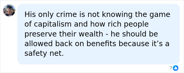A social media comment suggesting a lottery winner lacked knowledge of capitalism and should regain benefits. A social media comment suggesting a lottery winner lacked knowledge of capitalism and should regain benefits.
